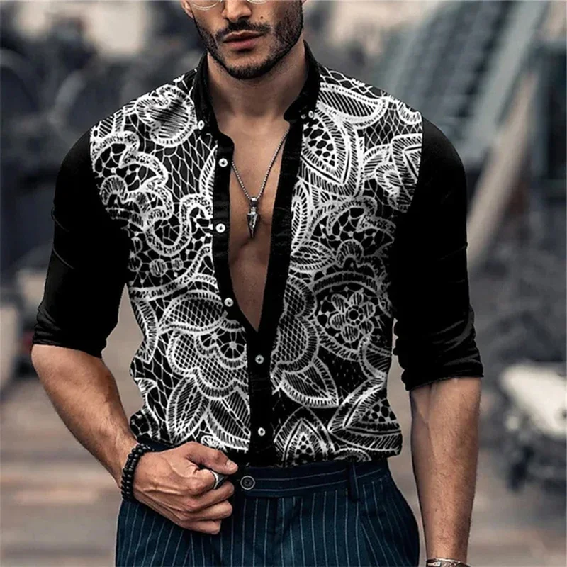 2024 New Spring/Summer Autumn Fashion 3D Digital Printing Retro Pattern Button Shirt Men\'s Casual Long Sleeve Shirt Collar Top S