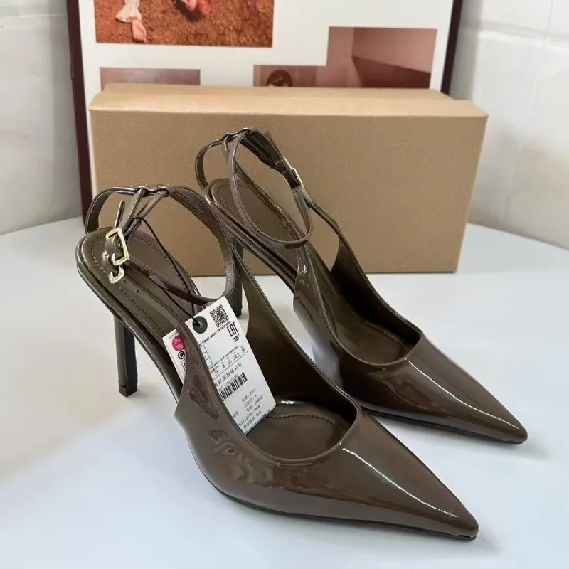 2025 Summer Luxury Designer Women Modern Sandals Patent Leather Sexy Ankle Strap Dress Party Slingbacks High Heels Ladies Shoes