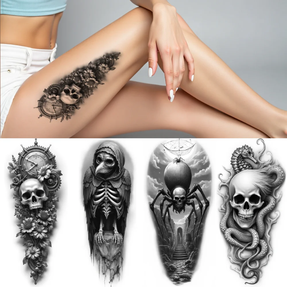 3pcs Temporary Tattoo Skull With Spider Waterproof Long-lasting Body Stickers Spider With Hourglass Skeletal Raven For Men