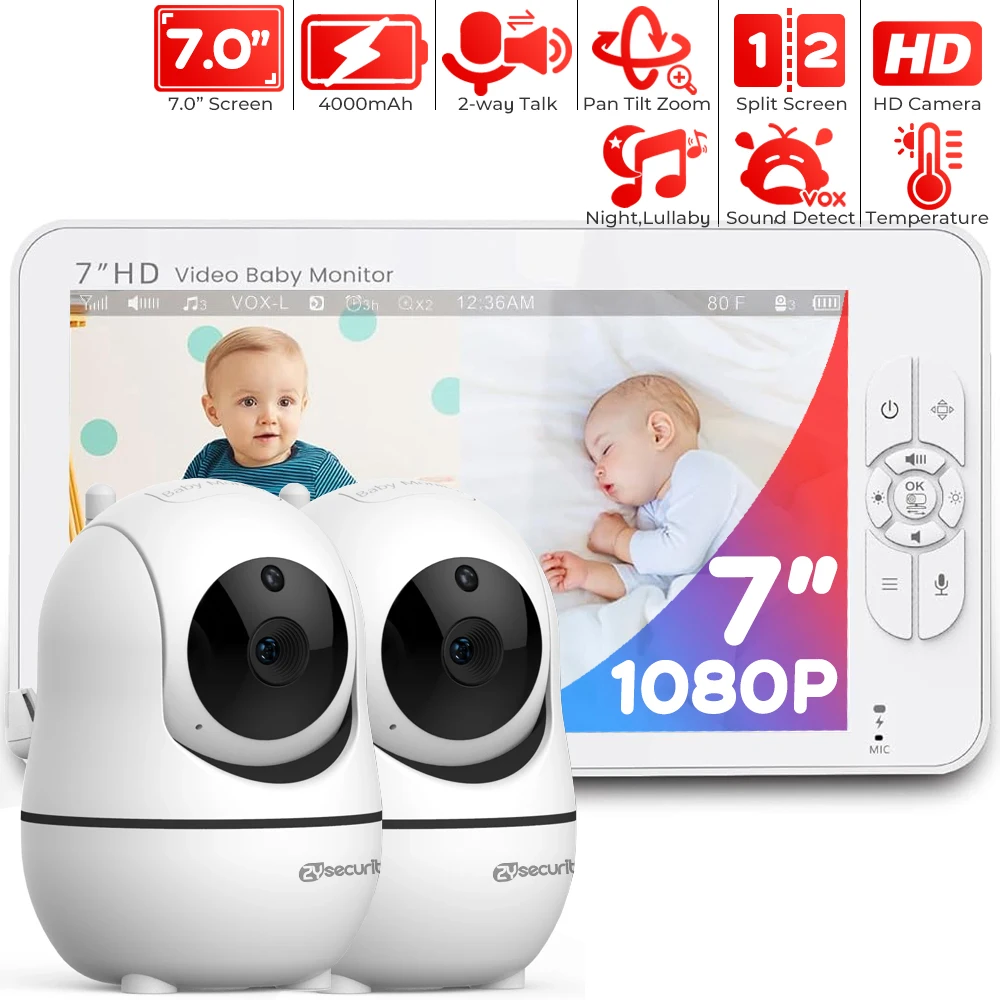 Радионяня HD 1080p С 2 Камерами, 7-дюймовый Детский Телефон С Разделенным Экраном