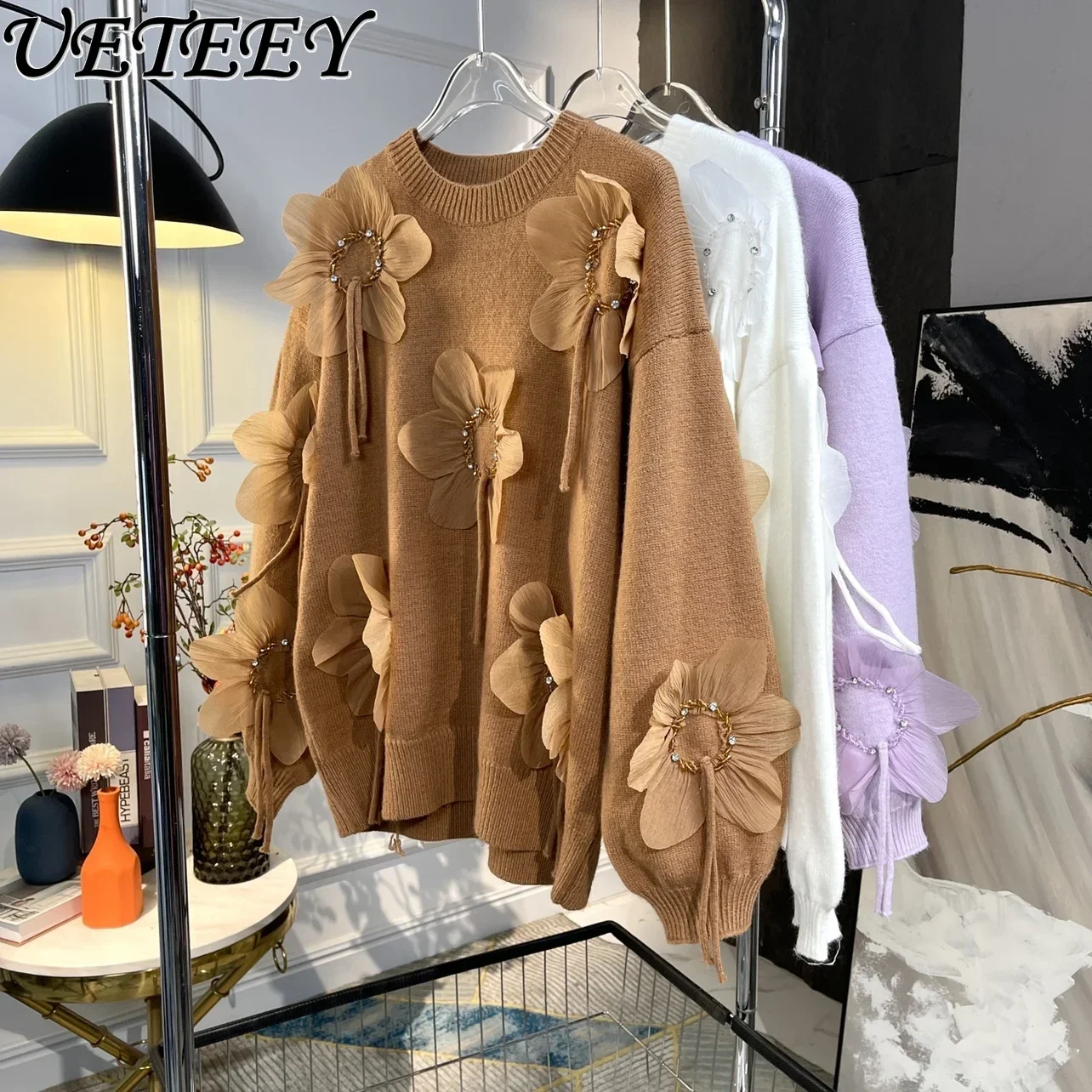 Flower Heavy Industry Beads Sweater Women\'s Candy Color Age-Reducing Gentle Comfortable Pink High-Fixed Autumn Winter Pullover