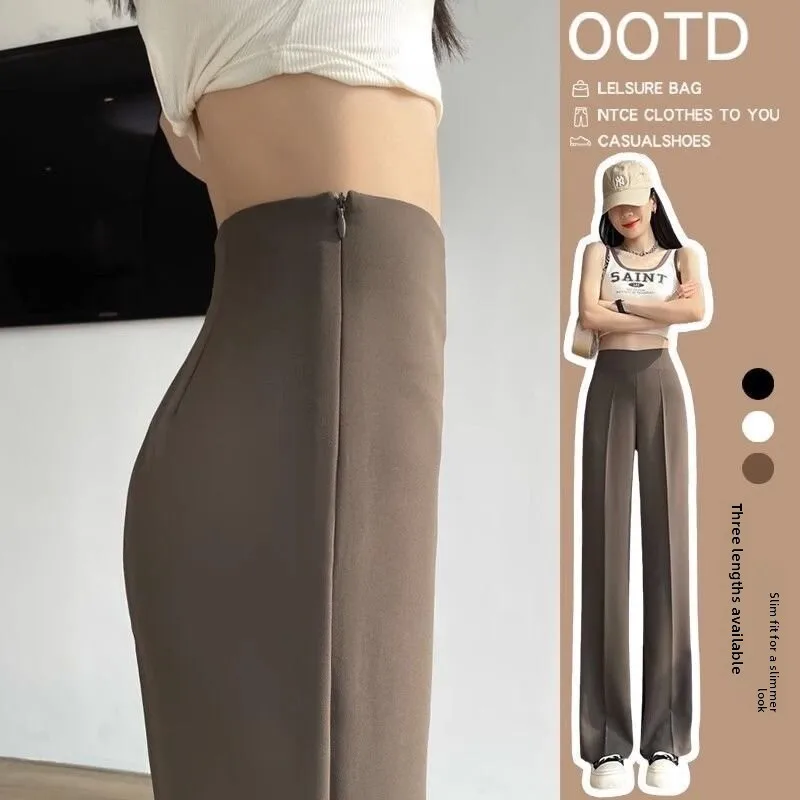 

Женские брюки с высокой талией, прямые, широкие, на молнии, повседневные, свободные, для весны и лета, маленькие размеры, облегающие