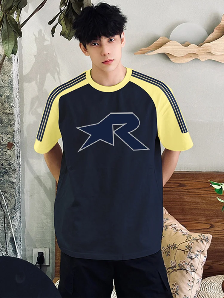 

Loose Fit Men's ort Sve T-irt Summer Trendy Brand Splice oulder Color Blo f Sve Clothing Breathable Cotton r...