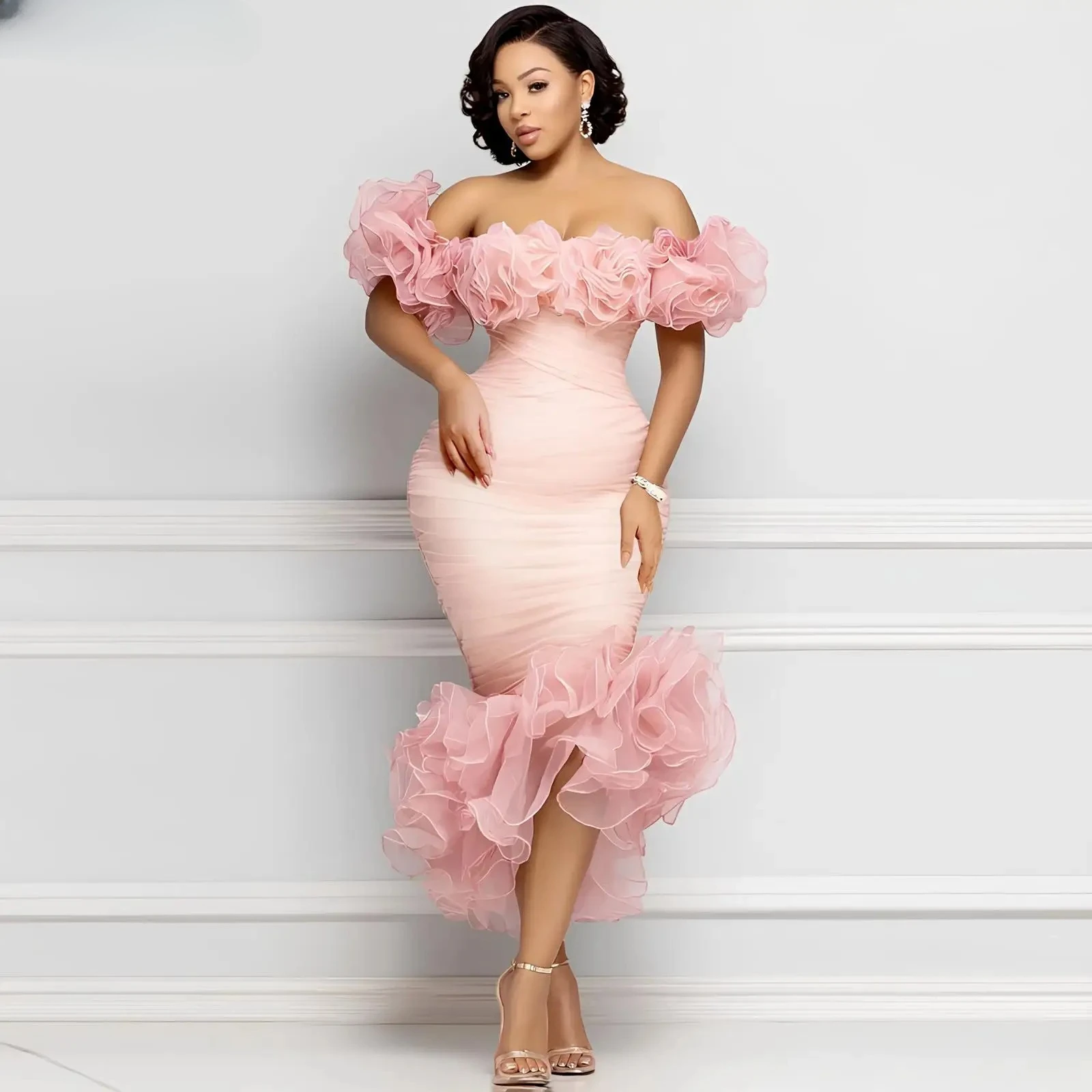 Vestido de baile sereia rosa com babados, vestido de noite formal Aso Ebi, vestido de festa personalizado