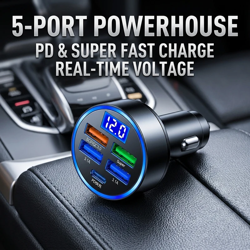 Versatile 5-Port Car Charger, PD Type-C Quick Charge & Super USB Ports For Car Phones, Tablets, Compact Design with LED Monitor