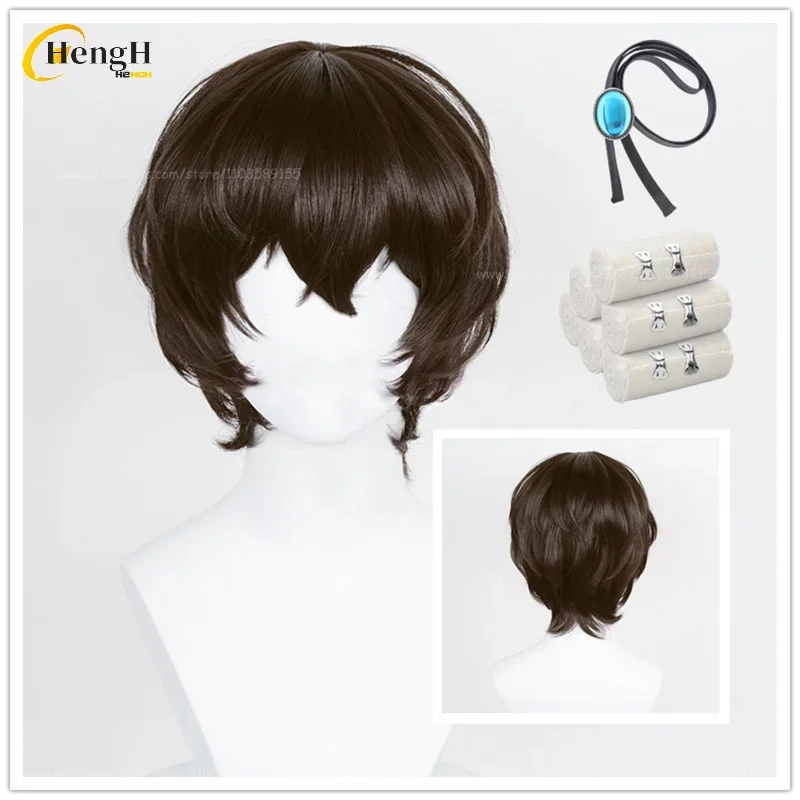 

In Stock Synthetic Anime Dazai Osamu Cosplay Wig 28cm Dark Brown Cosplay Anime Wig Bandage Heat Resistant Hair Halloween Wigs