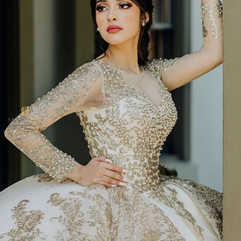 Champagne Charro Quinceanera Dresses Ball Gown Long Sleeves Appliques Pearls Mexican Sweet 16 Dresses 15 Anos