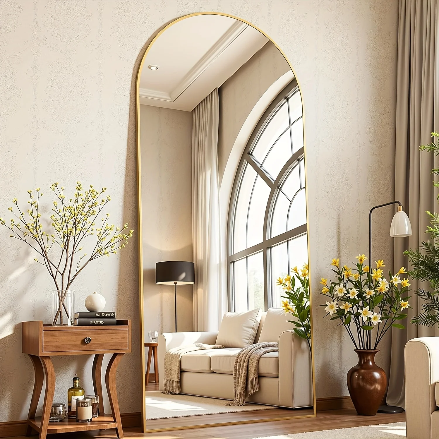 Oversized Arched Full-Length Floor Mirror,Shatterproof Glass Bronze Frame,Freestanding Wall-Mounted Bedroom Bathroom Living Room