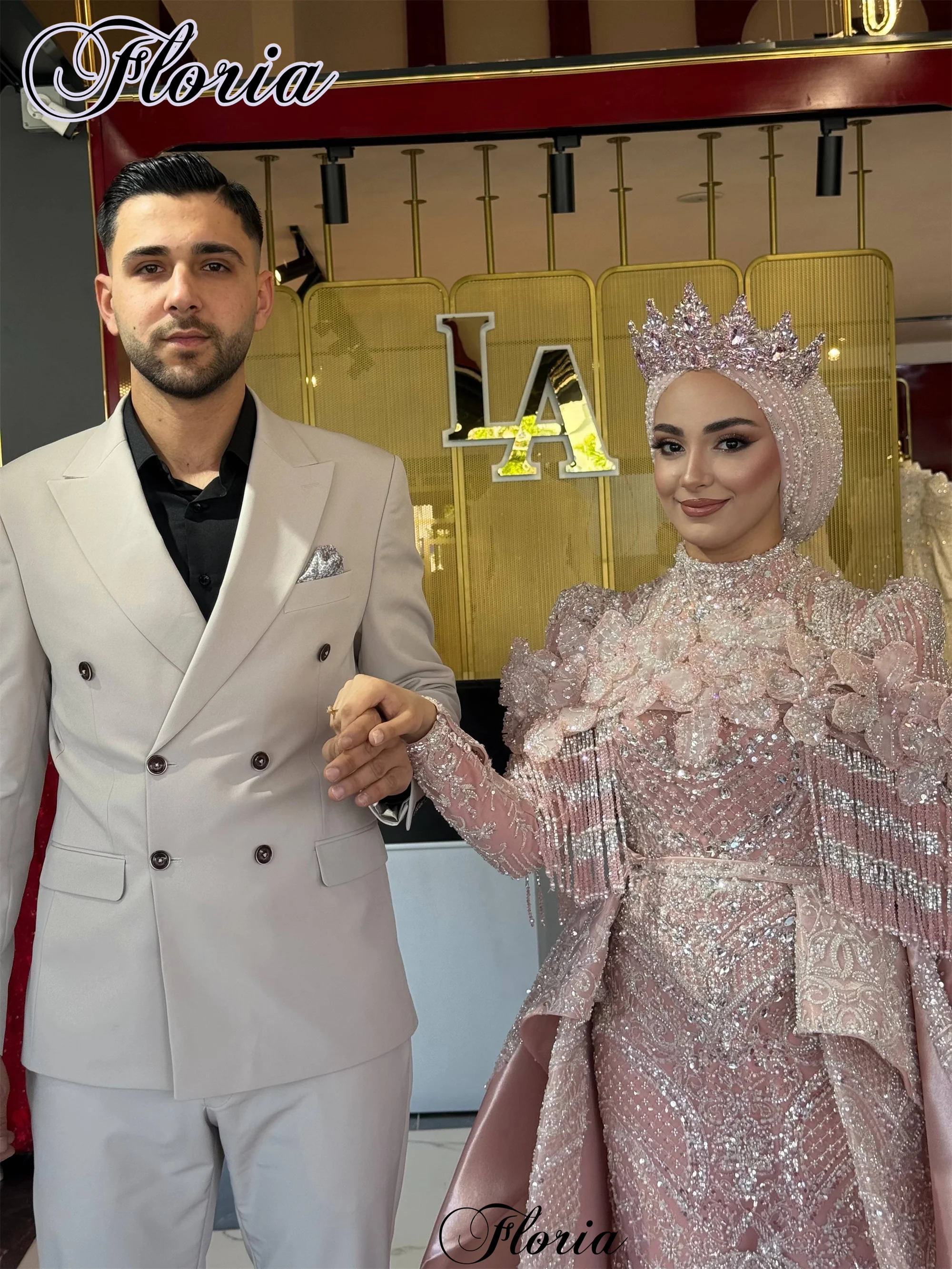 Two Pieces Pink Muslim Evening Dresses Long Sleeves Celebrity Dresses With Detachable Train Gowns Robes De Soirée Customized