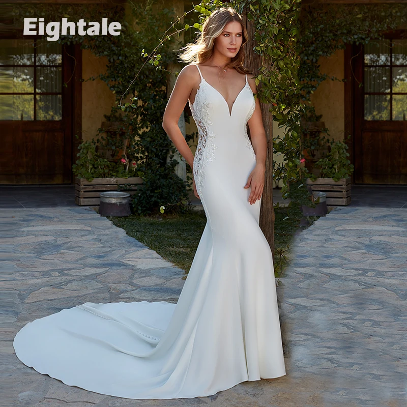 

Eightale Boho Wedding Dresses Spaghetti Strap Appliques Lace Backless Beach Mermaid Bridal Gowns vestidos de novia