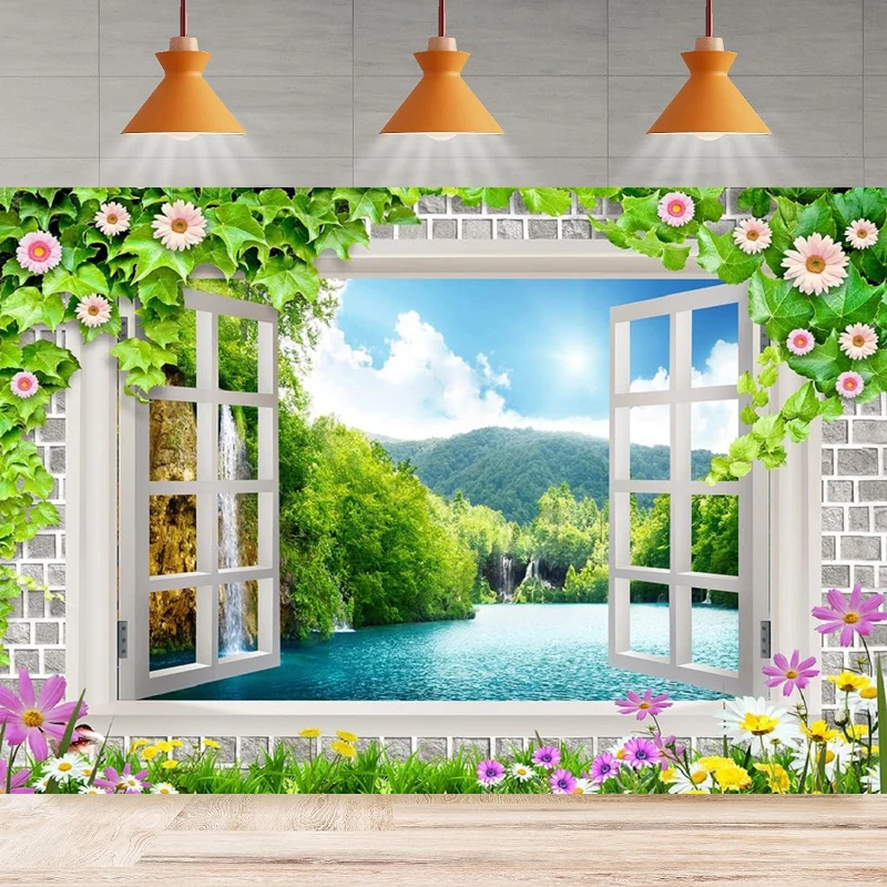 

Window View Mountains Photography Backdrop Flowers Window Nature Waterfall Scenery Background Poster Home Party Decor Banner