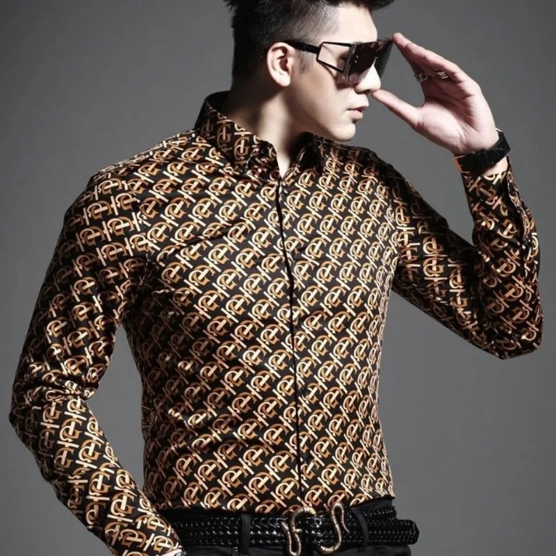 

Men's Clothing Spring and Autumn Fashion Brand Long-sleeved Casual Shirt Slim-fit Light Luxury Handsome Letter Printed Top