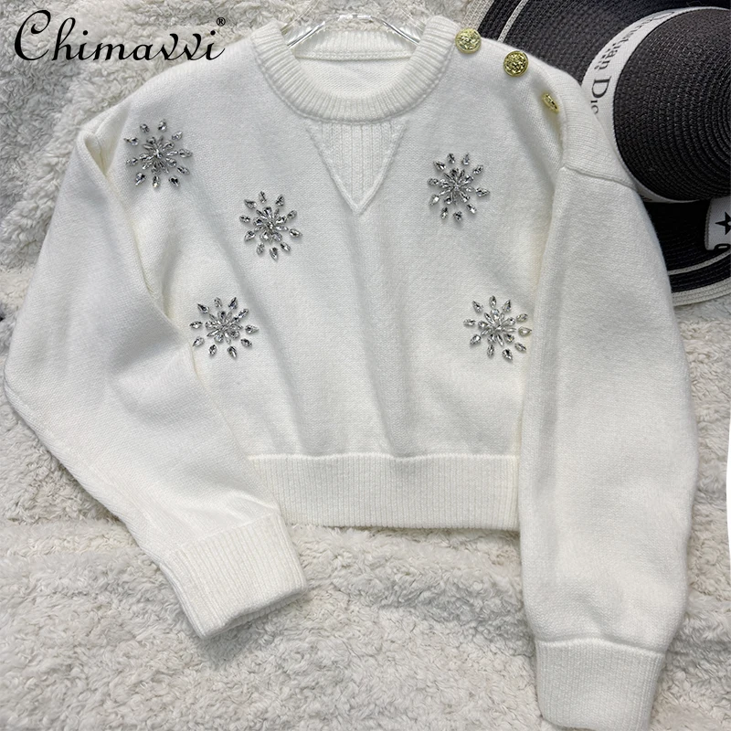 

Winter New Fashion Christmas Diamond Snowflake Soft Sweater Women's Heavy Short Loose Elegant White Knitted Top Outerwear