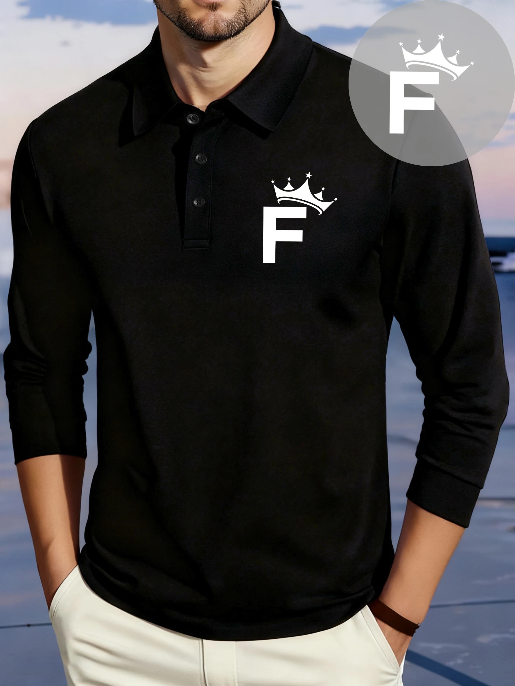 

Рубашки поло с простой узором и буквой F, повседневная флисовая рубашка с длинными рукавами и воротником, универсальная мужская рубашка для гольфа, осенняя культурная одежда