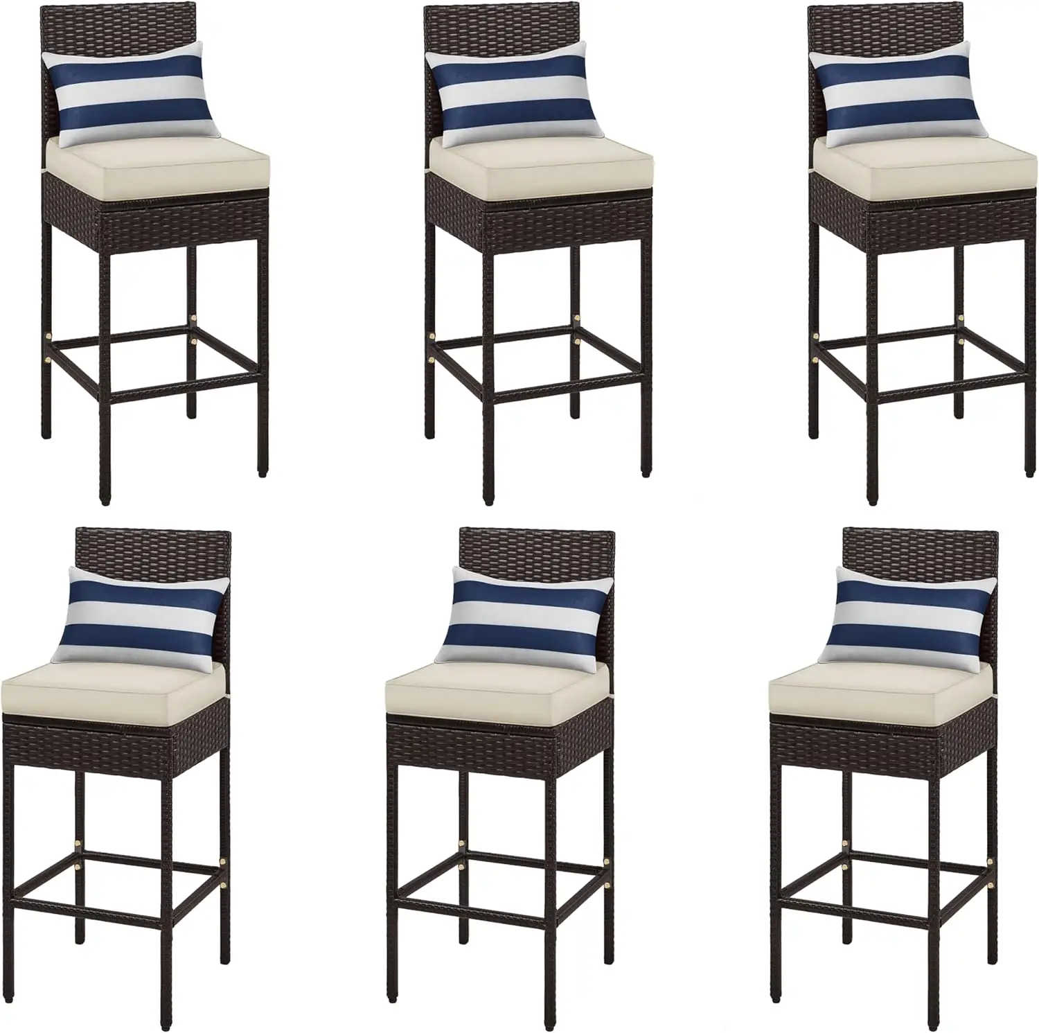 

6-Pack Outdoor Bar Stools, PE Rattan with Cushions, Footrests, Backrest, Indoor/Outdoor Use, 300Lb Capacity, Brown/Beige