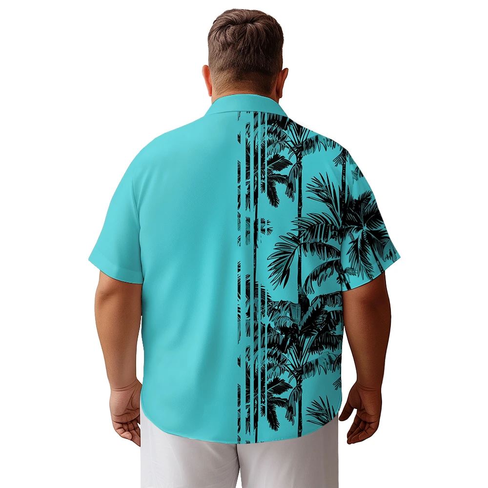 2024 new  Men's shirts plus size White coconut tree with Light blue base printed clothing casual short-sleeved