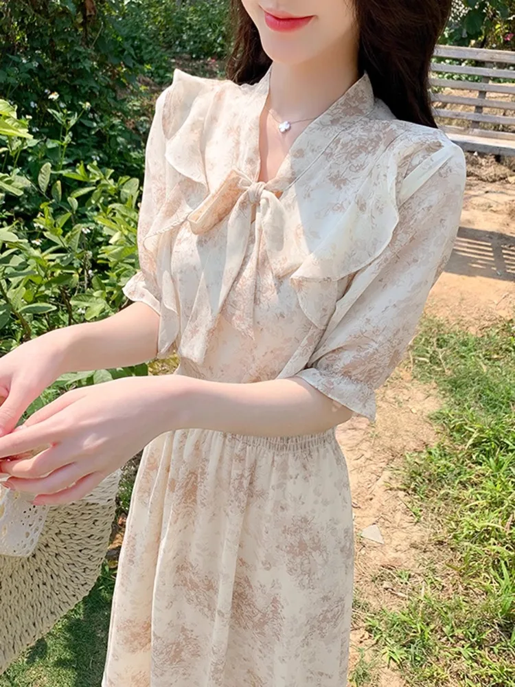 Mooie bloemen chiffon lange jurk kantoor dame zoete elegante vrouwen ruches bladerdeeg mouw elastische taille lint strik knoop Koreaanse Y2K