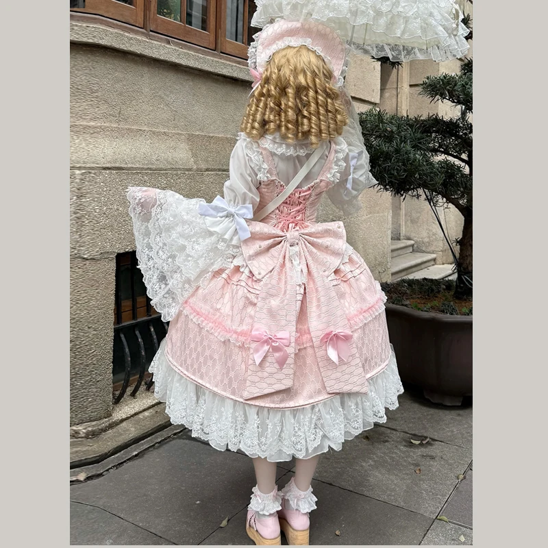 오리지널 디자인 일본 로리타 Jsk 서스펜더 드레스 스위트 소녀 여성 긴 소매 이너 셔츠 귀여운 공주 슬링 케이크 드레스