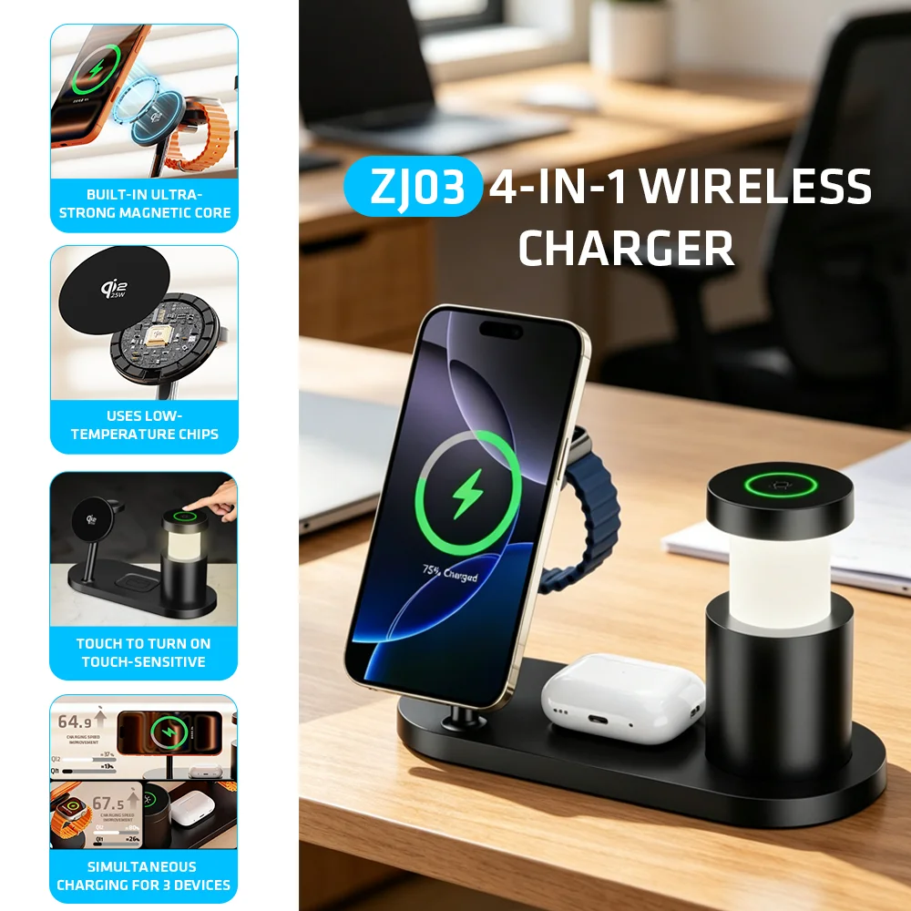 

Qi2.2 4in1 Multifunctional Wireless Charging Phone Holder with Lifting Touch Desk Lamp Dimmable Brightness Ideal For Bedside Use