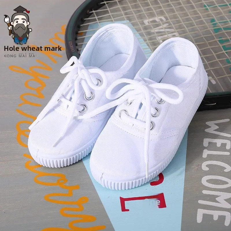 Boys Canvas Shoes Kindergarten Schools White Shoes Children Student White Cloth Shoes Girls Shoelaces Velcro Neutral Solid Color