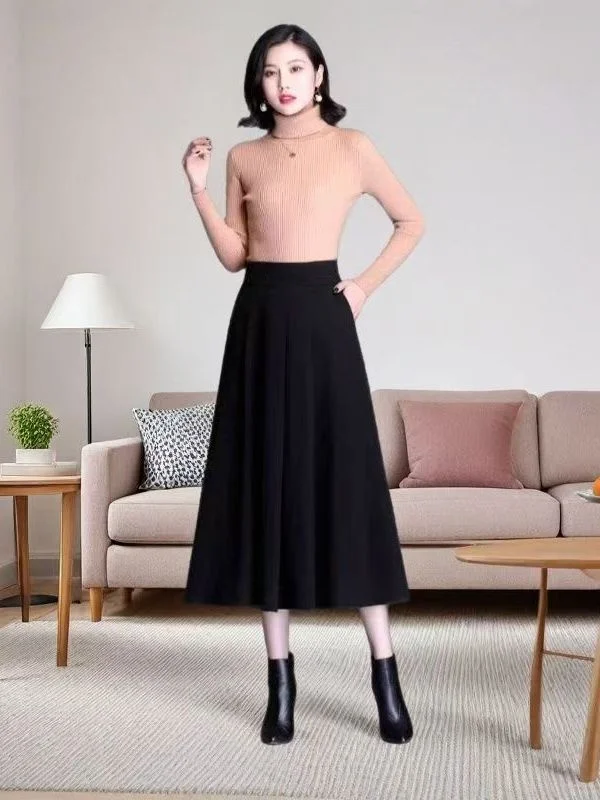 

Юбка миди А-силуэта с высокой талией для полных женщин, весна 2026, новая, универсальная, стройнящая, длиной до колена, скрывающая бедра