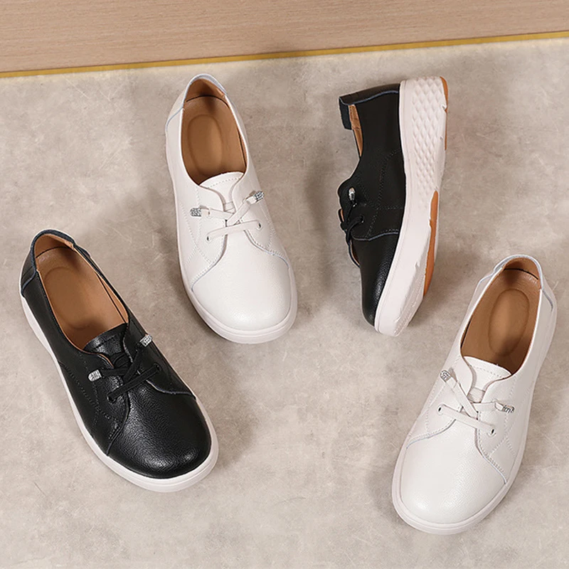 Spring Autumn Women Comfortable White Shoes for Work Thick Heel Platform Genuine Leather Shoes for Woman Nurse Shoes WSH5732 view 6