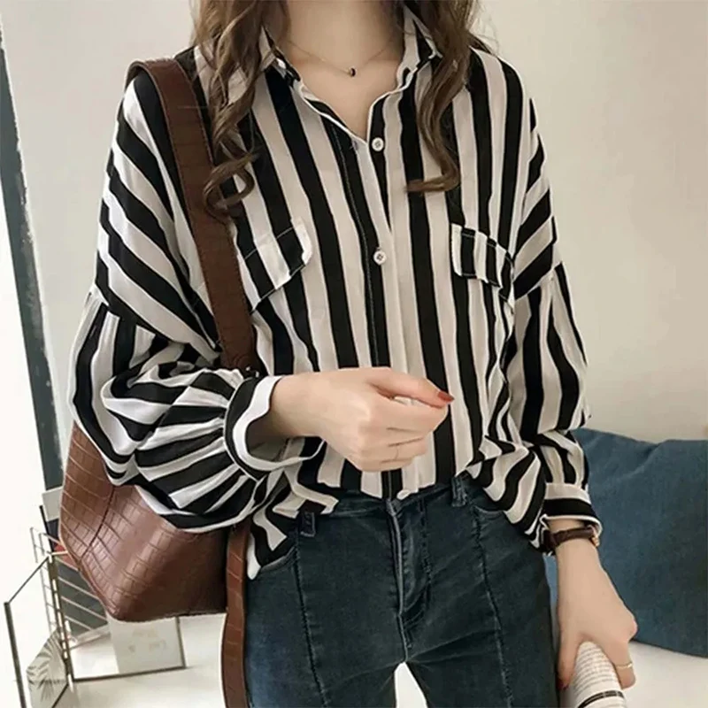 

Striped Draping Chiffon Shirts Women Long Sleeve Loose Pocket Design Blouse Office Ladies Casual Single-Breasted Streetwear Tops