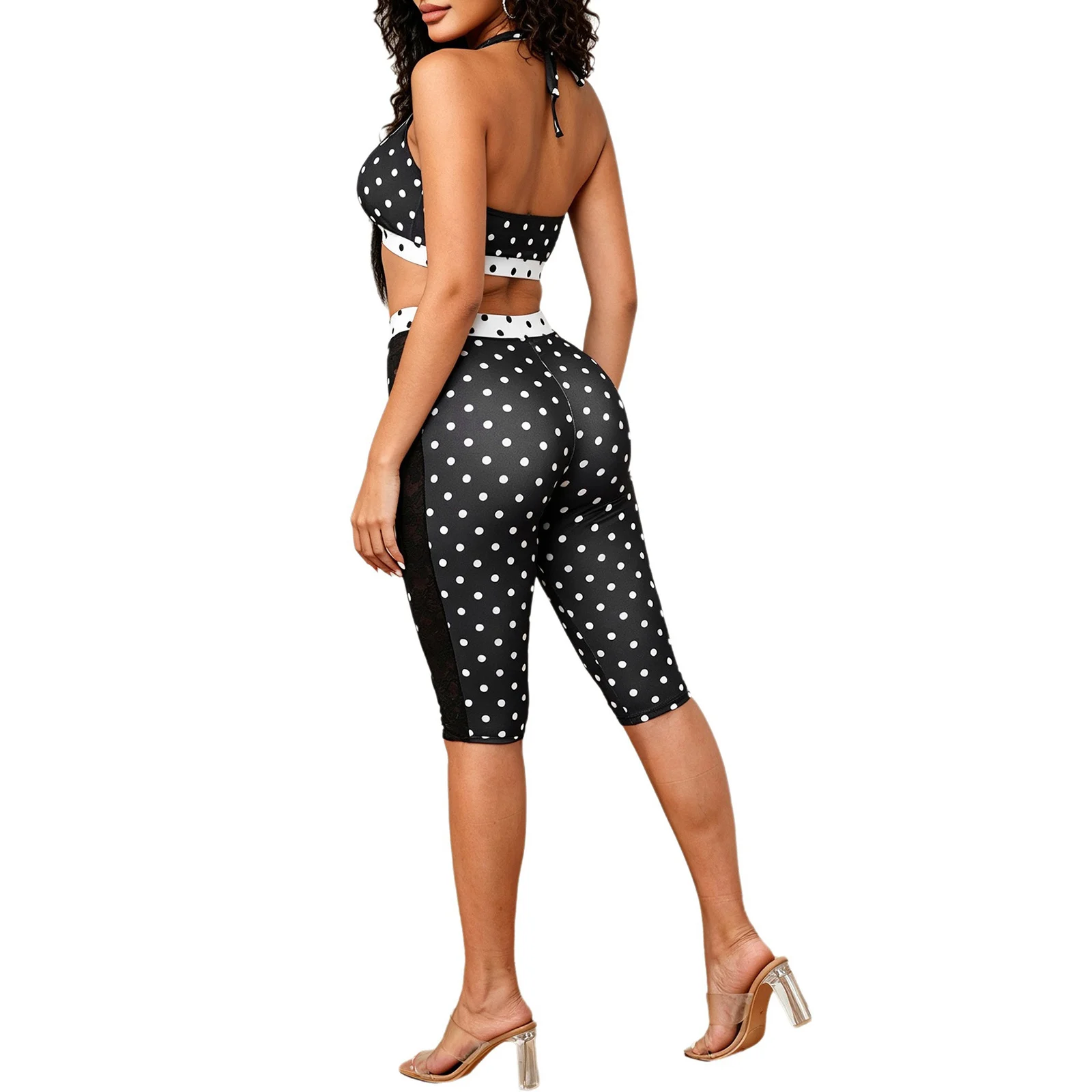 Women's Sexy Outfit Polka Dot Printed Halter Neck Backless Retro Crop Tops with Fifth Pants Beachwear Rave Party Night Clubwear view 2