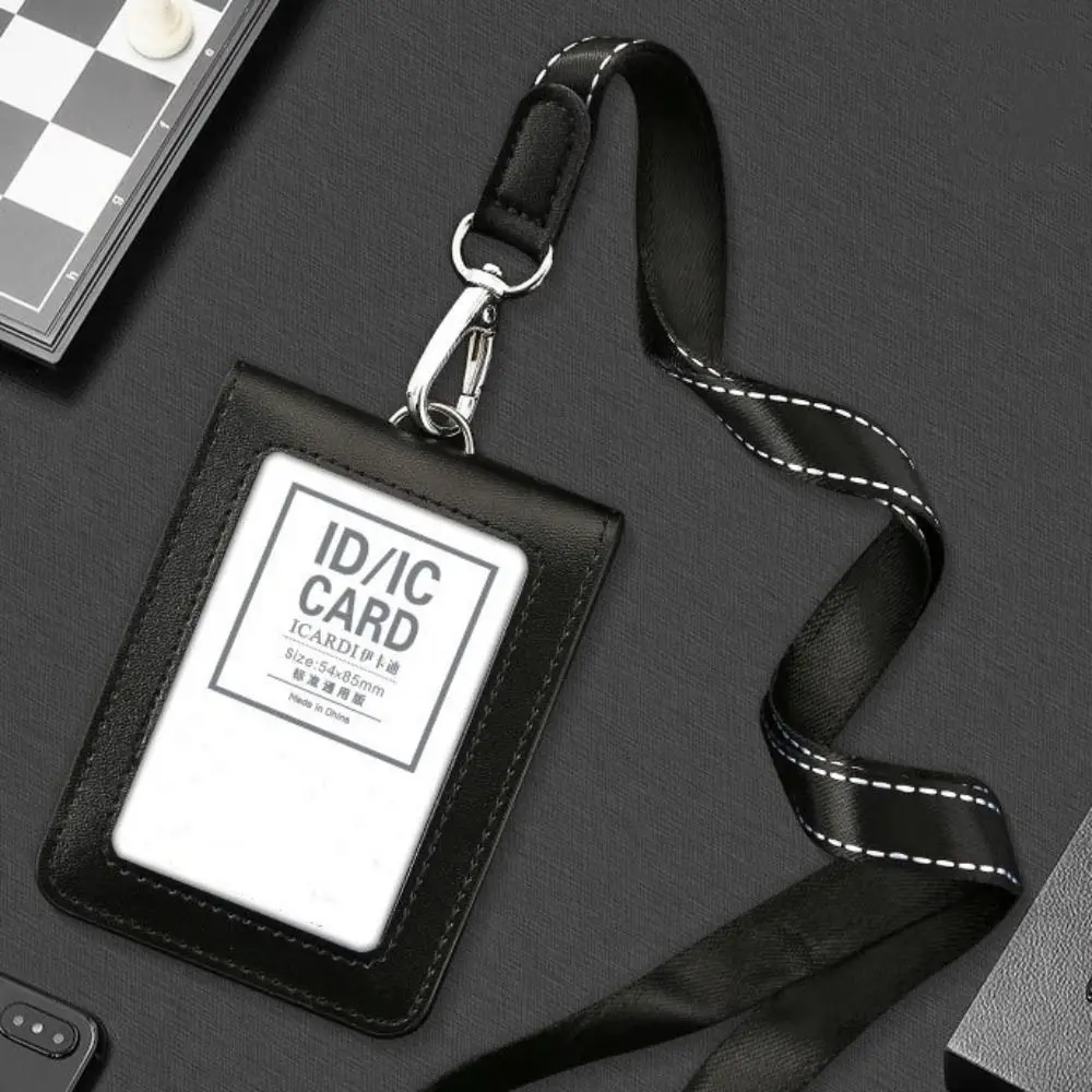 Double-Sided Leather Card Cover With Neck Strap Badge Clip ID Card Holder Folding Card Case Leather Badge Holder Work Bank Card