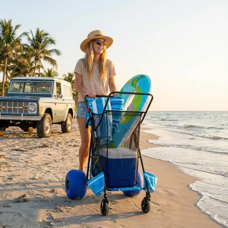 

Пляжная тележка с колесами-баллонами, сверхпрочная складная тележка-вагон, колеса для песка 13x7, вмещает 4 стула, держатель для зонта, съемная сумка