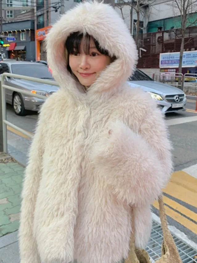 

Корейское пальто Sle ort, женское зимнее пальто с первоначальным снегом, милое антивозрастное пушистое пальто с капюшоном Jaet Fem Lead Role Aosphere Sense Ou...