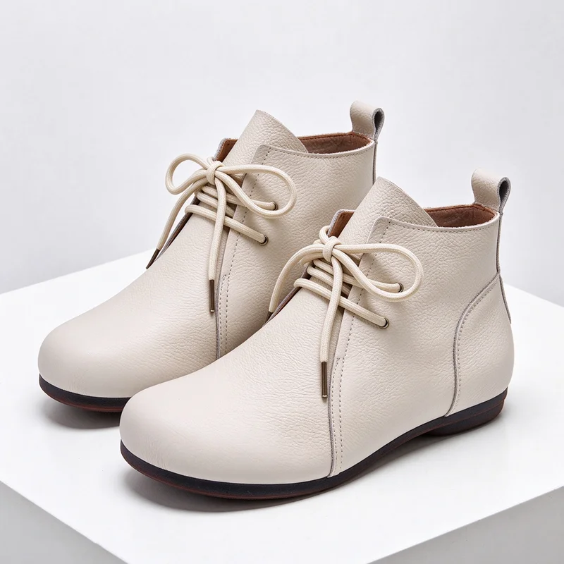Light Non-Slip Women's Ankle Boots Soft Leather Lace-Up Detail Flat Boots for Women Comfortable Women's Winter Boots Botas Mujer