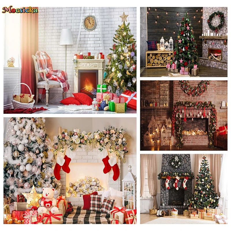 

Mocsicka Christmas Decoration Photography Background Xmas Tree Wreath Fireplace Teddy Bear Gifts Star Backdrop Photobooth Props