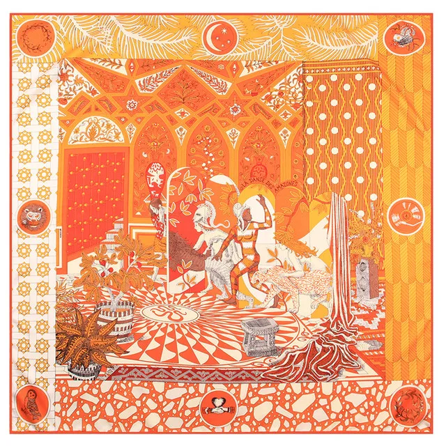 Manual Hand 90cm Rolled Twill Silk Scarf Women Palace Print Square Scarves Wraps Echarpe Curled Foulards Femme Bandana Hijabs