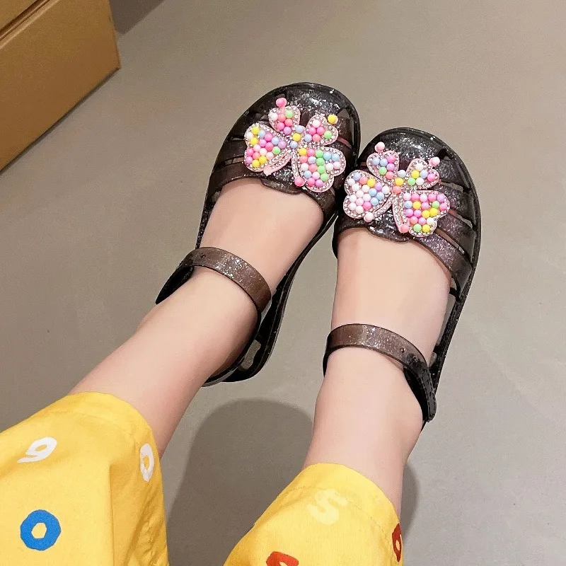 New Summer Girls Butterfly Glitter Jelly Sandals Kid Soft Closed-toe Princess Beach Shoe Hole Water Shoe Children Casual Sandals