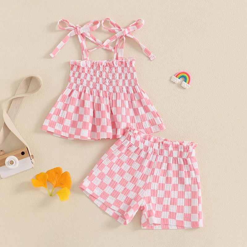 Toddler Girl Summer Clothes Plaid Print Smocked Camisole Tops + Elastic Waist Shorts 2 Pieces Set