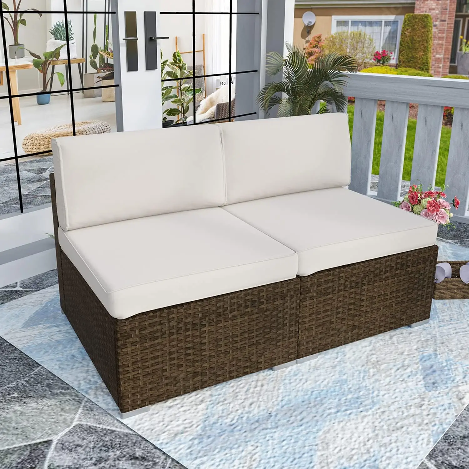 

Outdoor Patio Furniture 2-Piece Brown Wicker Armless Chair w Beige Cushion for Garden,Pool,Backyard