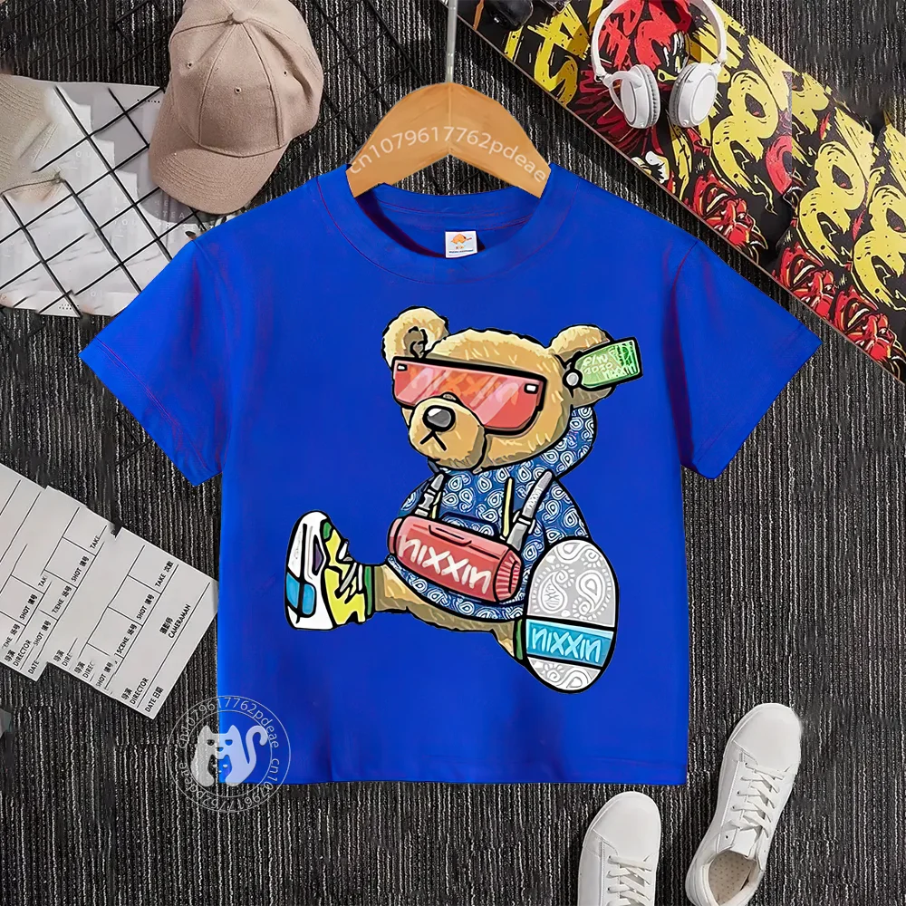 Summer 100% cotton T-shirt for boys and girls baby street cartoon bear pattern teen comfortable casual top Cotton T-shirt top