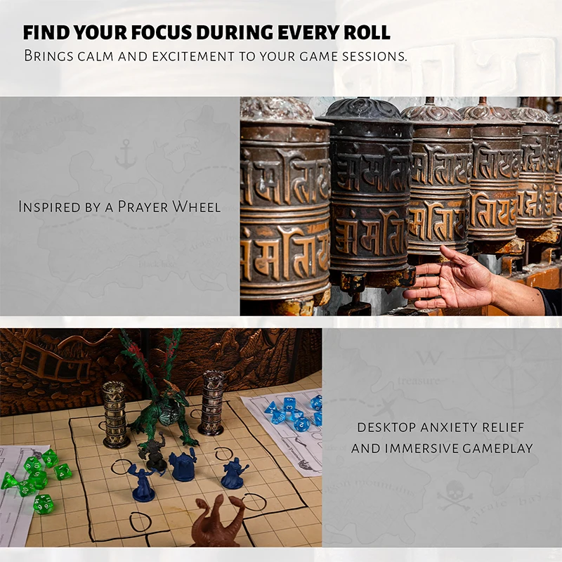 Prayer Wheel Dice Set, 7-in-1 Rotating Dice Cylinder, Metal DND Spinner Dice - Unique Tabletop RPG Accessories