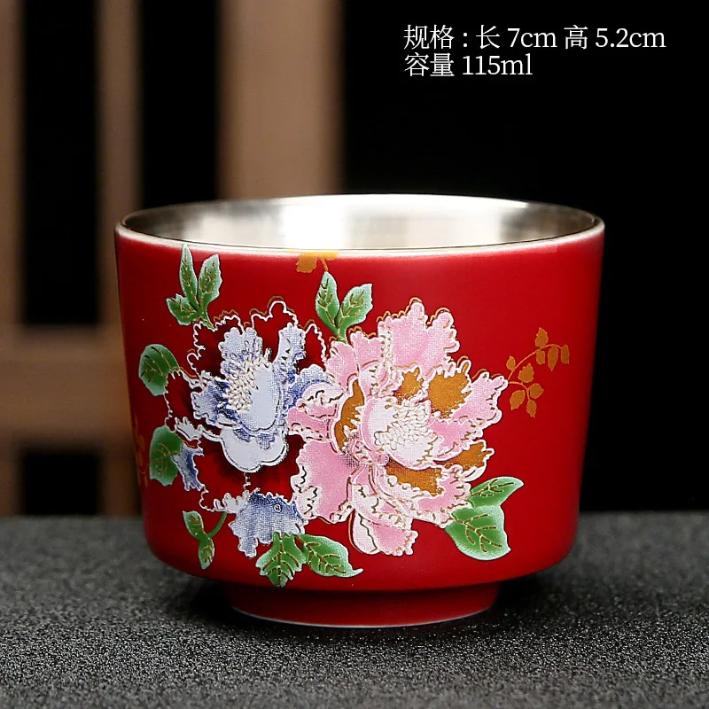 

9999 Silver National Flower Peony Jihong Enamel Live Streaming Internet Celebrity Tasting Cup Kung Fu Tea Set Ma