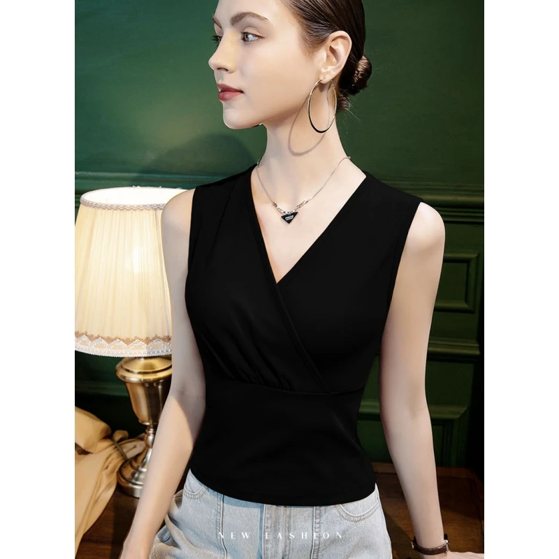 Korean Edition Women Pure Cotton V-Neck Sleeveless T-shirt  Slim Fit Spring/Summer Sexable Inner Wear Tank Tops Outwear Shirt