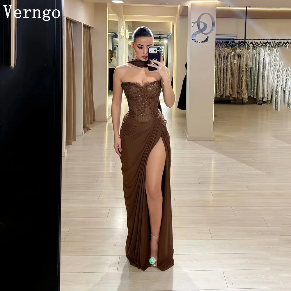 Verngo Brown Chiffon Evening Dress Sequined Strapless Mermaid Side Slit Prom Gowns Women Modern Party Dress Customized image 2