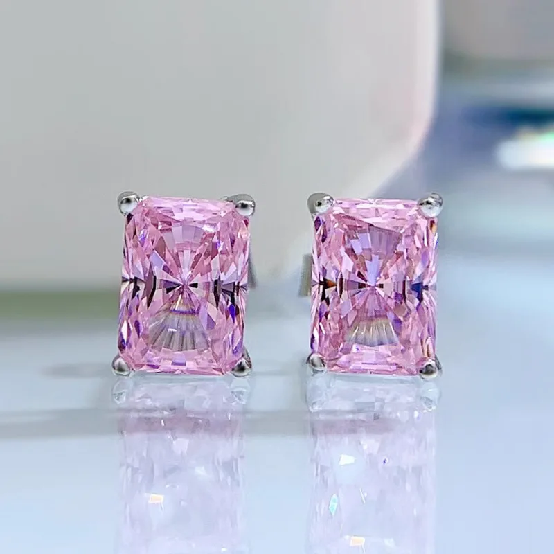 New S925 Tremella Stud Earrings Pink Diamonds White Diamonds 1 Carat Rectangle Diamond Earrings 5A Zircon