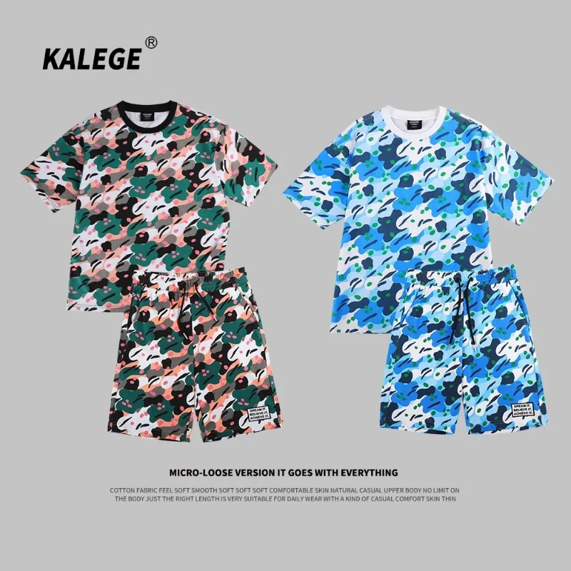 Summer high-end Women's Clothing Fashion Casual Pure Cotton Camouflage Short Sets Round Neck Drawstring Pockets Two Piece Set