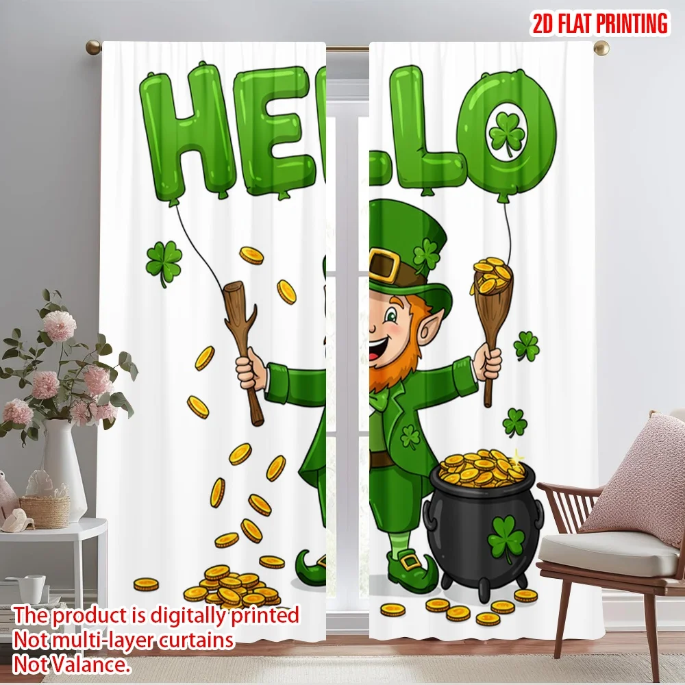 

2 шт., 2D плоская занавеска с принтом Lucky Leprechaun Hello, 100% полиэстеровая ткань без электричества 0, использование для торжеств в помещении