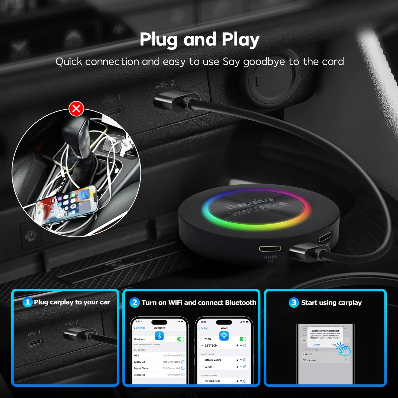 Dasaita CarPlay Ai Box 8GB+128GB Car Smart Box Android 13 Wireless Apple Android Auto Car Play Adapter Ai Box Android 13 Carplay