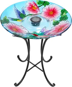 Solar Powered Glass Bird Bath with LED Lights and Metal Stand for Garden Decor, Attracts Birds