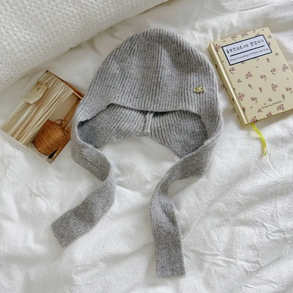 

Keep Warm Knitted Hat Ear Protection Solid Color Woolen Crochet Beanies Cap Polyester Neck Protector Girls Pullover Cap Winter