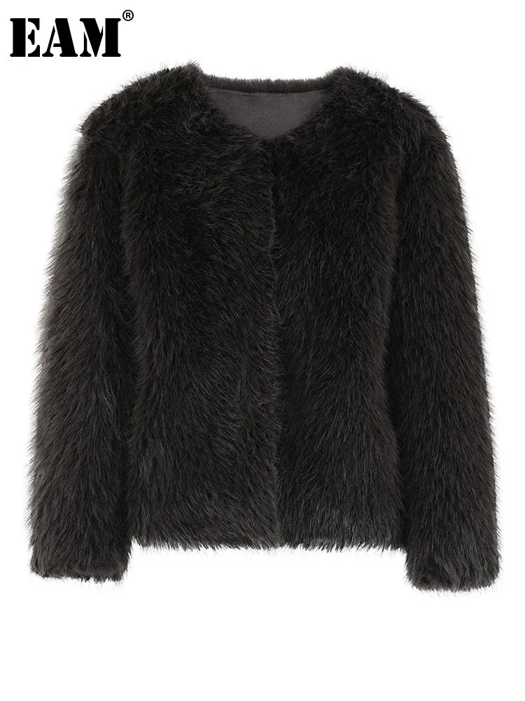 [EAM] Black Gray Warm Short Faux Fur Jacket New Round Neck Long Sleeve Women Coat Fashion Tide Autumn Winter 2024 CPG1922