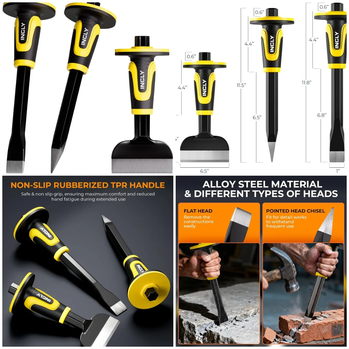 

Набор долот для каменной кладки, 3 шт., с защитой для рук, долотами для бетона и камня, 11 футов, точечными и плоскими, 8-футовыми долотами для разбивания, разделения, C